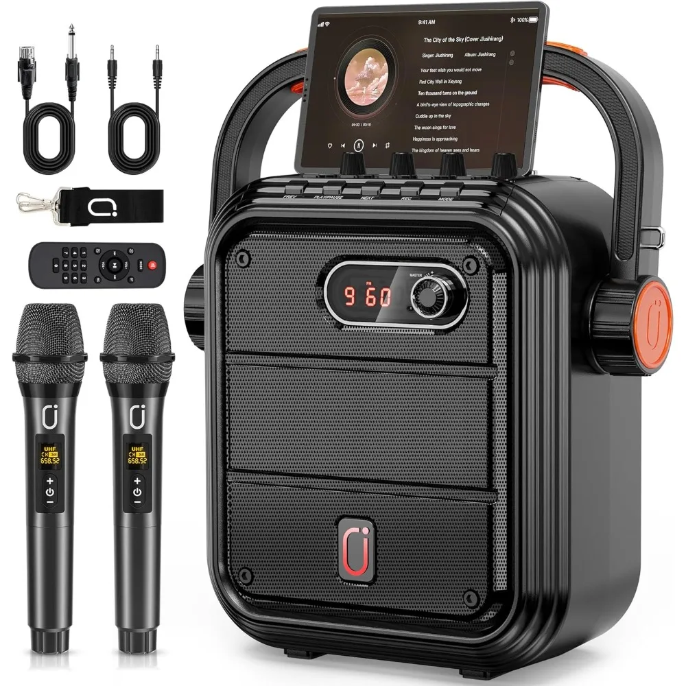 

Karaoke Machine with 2 Wireless Microphones, 5200mAh Portable Speaker Set Bluetooth 5.0 Rechargeable PA System with TWS,FM, REC