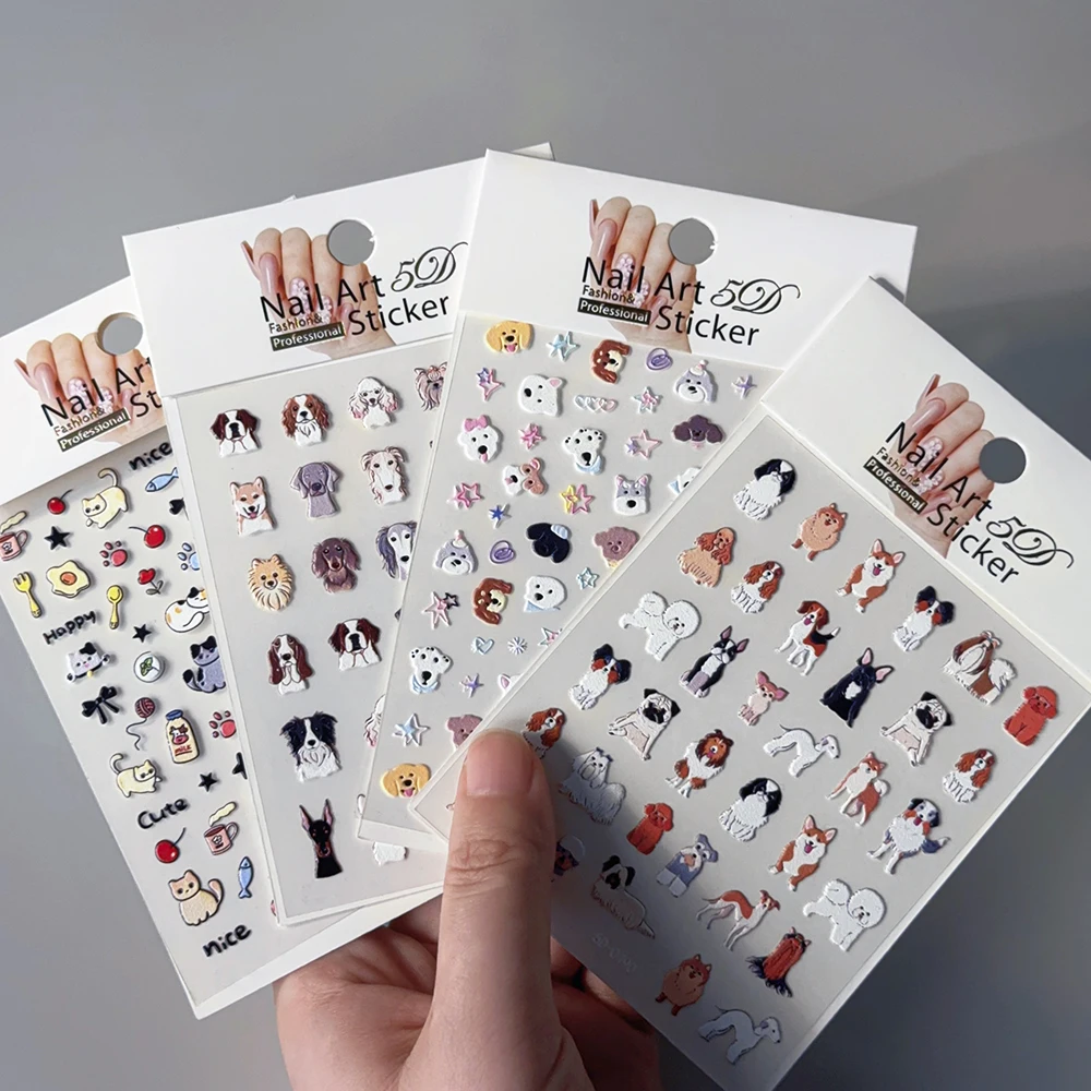 1Pc Lovely Dog Cat Animal 5D Embossed Nail Sticker Cartoon Pet Puppy Cat Adhesive Nail Art Decals Bowknot Star Manicure Sliders