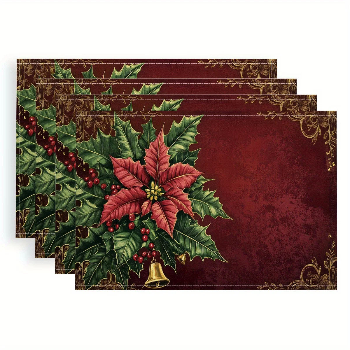 4pcs Retro Christmas Placemats - Vintage Holiday Table Decor with Holly Berry Wreath & Golden Bells Design, Durable
