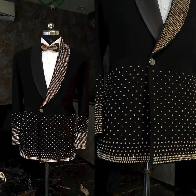 

Elegant Men Suits Slim Fit 2 Pieces Blazer Pants Shiny Crystals Formal Party Groom Wedding Tuxedos trajes para hombre