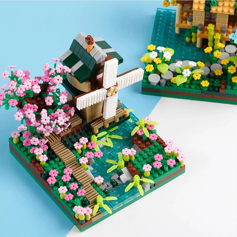 600PCS Creative Mini Four Season Sakura Windmill House Building Blocks Micro Bricks Assemble Kit Toys Gift For Children Kids