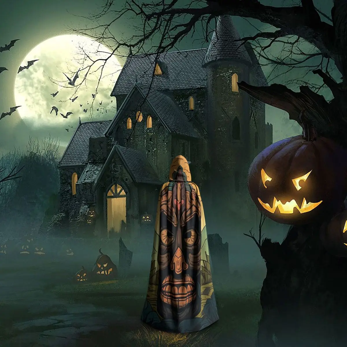 أقنعة البولينيزية تيكي عباءة طويلة بغطاء للرأس الساحرة في القرون الوسطى زي تنكري كيب الهالوين مصاص دماء للبالغين للجنسين