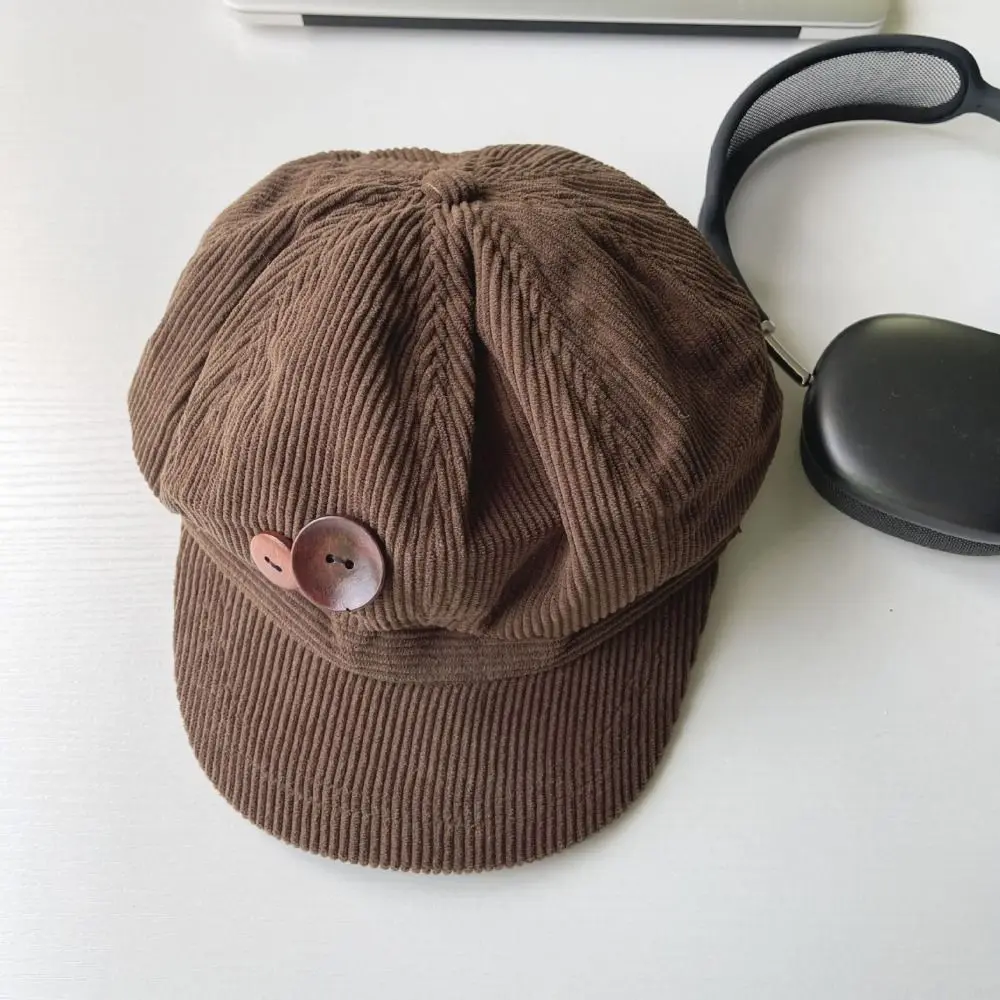 Casual Double Button Decoration Corduroy Baseball Caps Windproof Keep Warm Newspaper Hat Beret Adjustable Octagonal Hat Outdoor