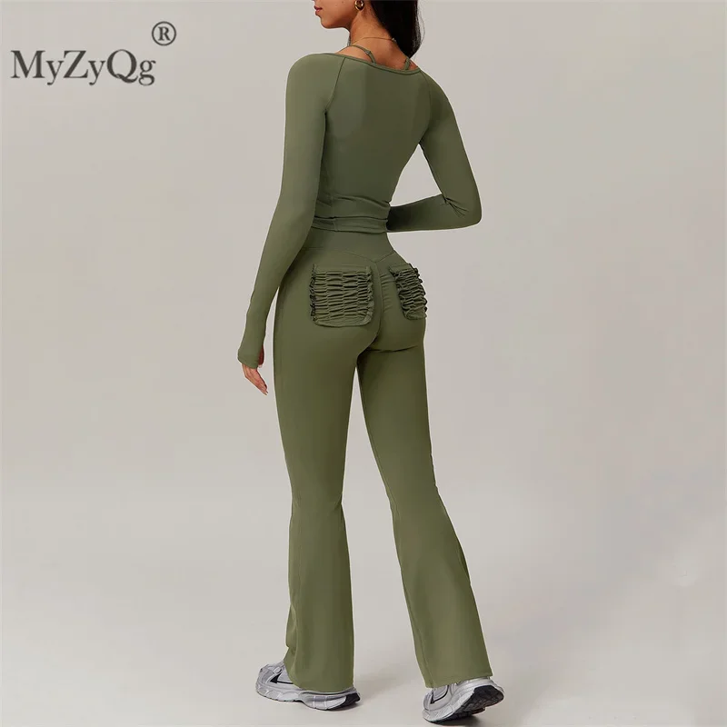 MyZyQg Women Yoga Long-sleeved Bell-bottomed Pants Sets Sports Fitness Running Flared Pant Suit Fitness Running Fitness Clothes