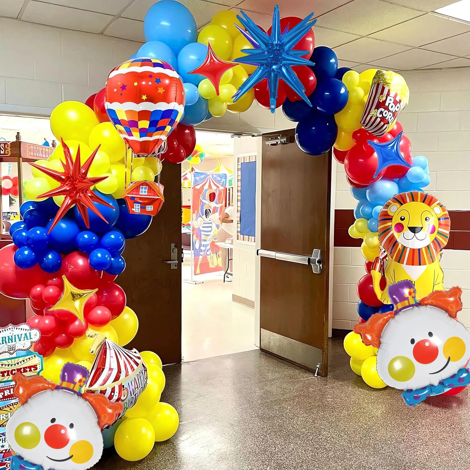 Circus themed balloon set, red, blue, yellow wreath, lion and popcorn, and hot air balloon clown birthday party decorations