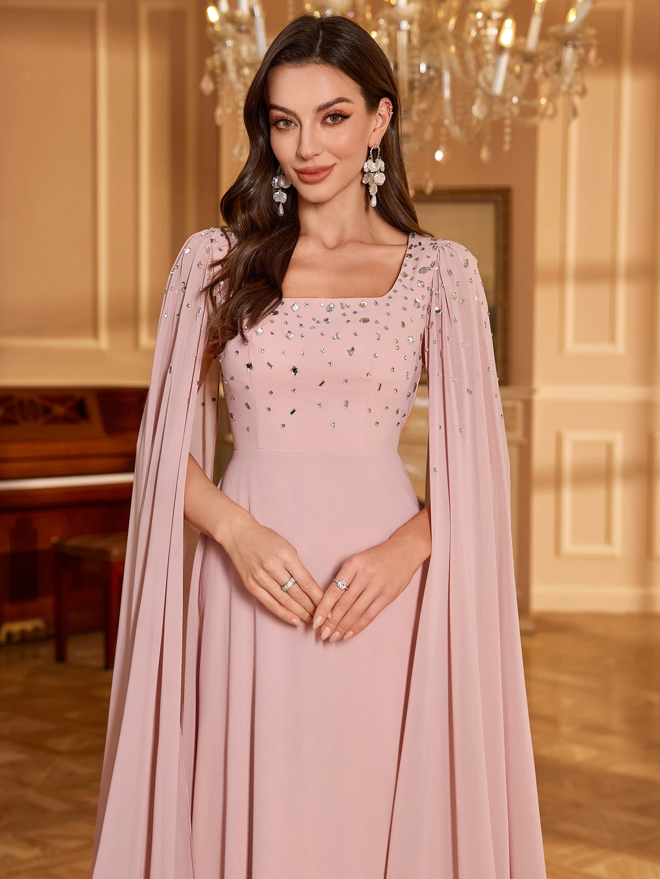 UNITHORSE Women Square Collar Rhinestone & Sequin Sleeve Solid Color Chiffon Evening Party Bridesmaid Dress