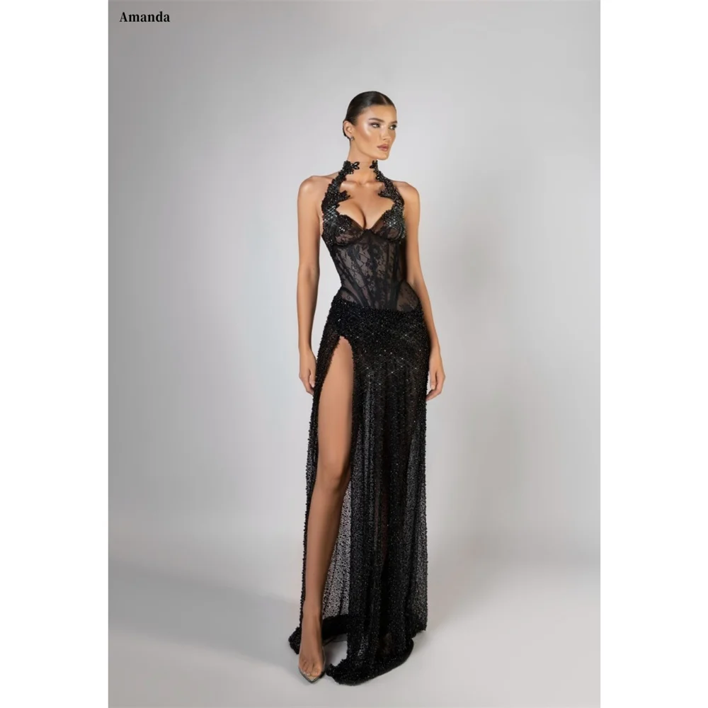 Amanda Customized Halter Neck High Side Split Mermaid Evening dresses Gala Dress Floral Lace Floor-length V-Neck Jet black Dress