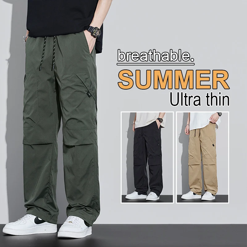 

Mens Polyester Straight Loose Wide Leg Casual Pants 2025 Summer Autumn Outdoor Thin Multi Pocket Cargo Pants Plus Size 5XL