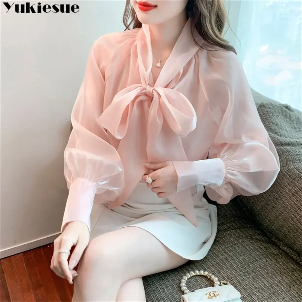 Frühling Sommer Mode Pullover Spitze Up BowLadies Top Französisch Lange Laterne Hülse Elegante Hemd Bluse Frauen Solide Shirt Frauen