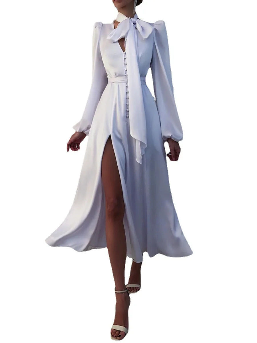 Women's Satin Long Dr with Slit And Lantern Sves High Waist A-Line Skirt V-Ne Single Button Closure Commute Sle