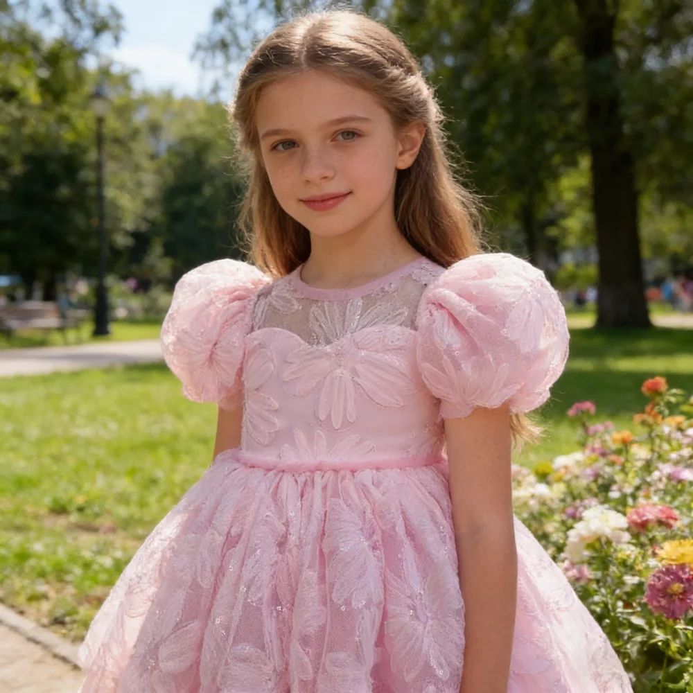

2026 Pink Kids Girls Formal Dress Baby First Birthday Host Princess Gown Piano Performance Wedding Flower Girl Children Costume