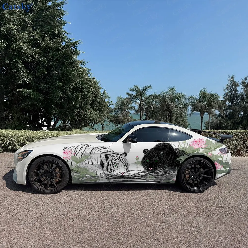 2pcs Lotus Pool Tigers Car Side Wraps, Self-Adhesive PVC Waterproof & Scratch-Resistant Stickers, Car Accessory Gift