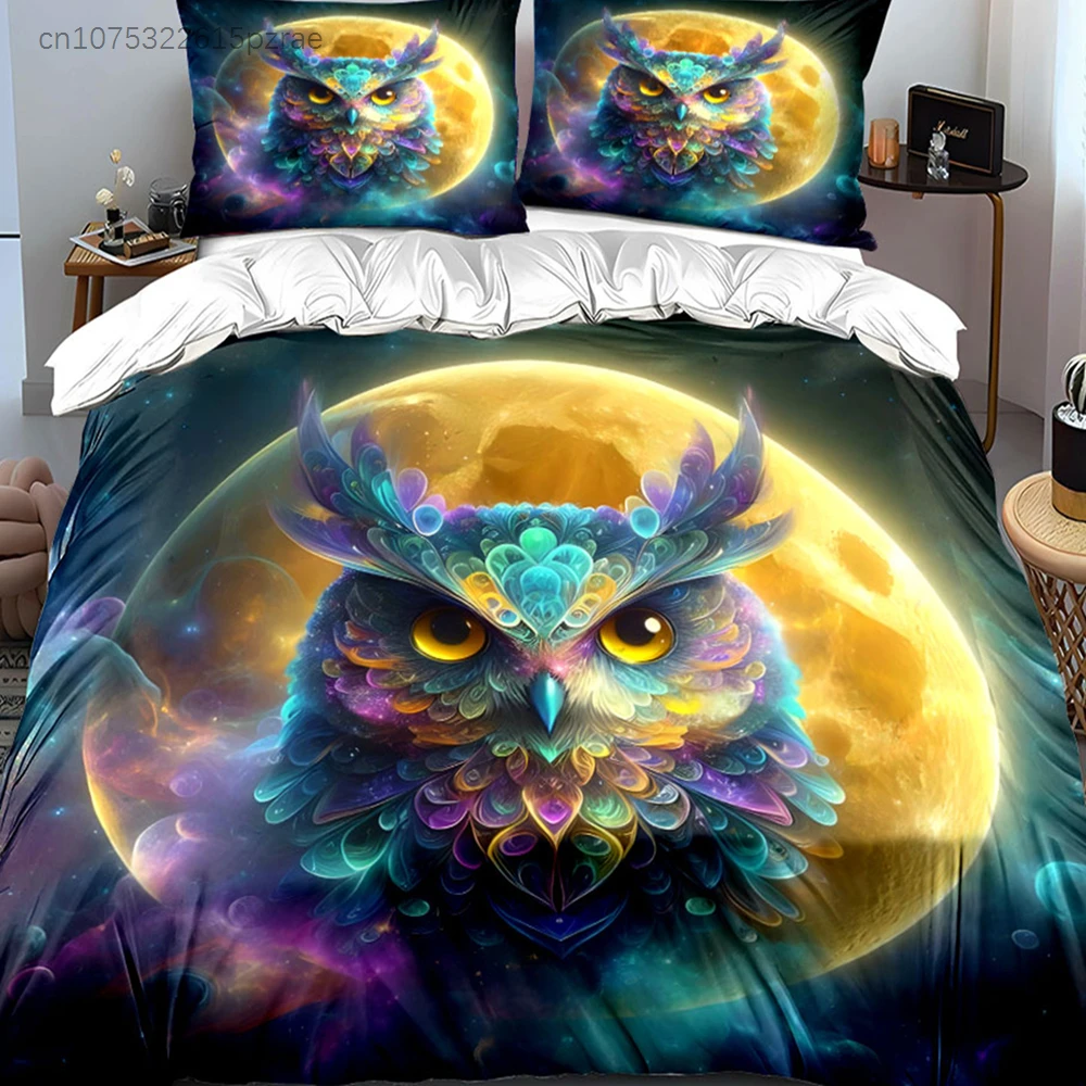 Colorful Owl Moon Art Decor Set Multiple Sizes kid's And adults' Bedroom Exquisite 3PC Bedding set, Gift
