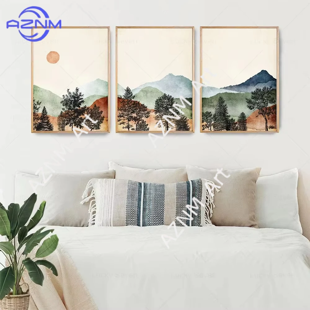 1/3PCS ，Watercolor Mountain Forest Landscape Wall Art Canvas Painting Nordic Poster And Print Wall Picture Modern Living Room