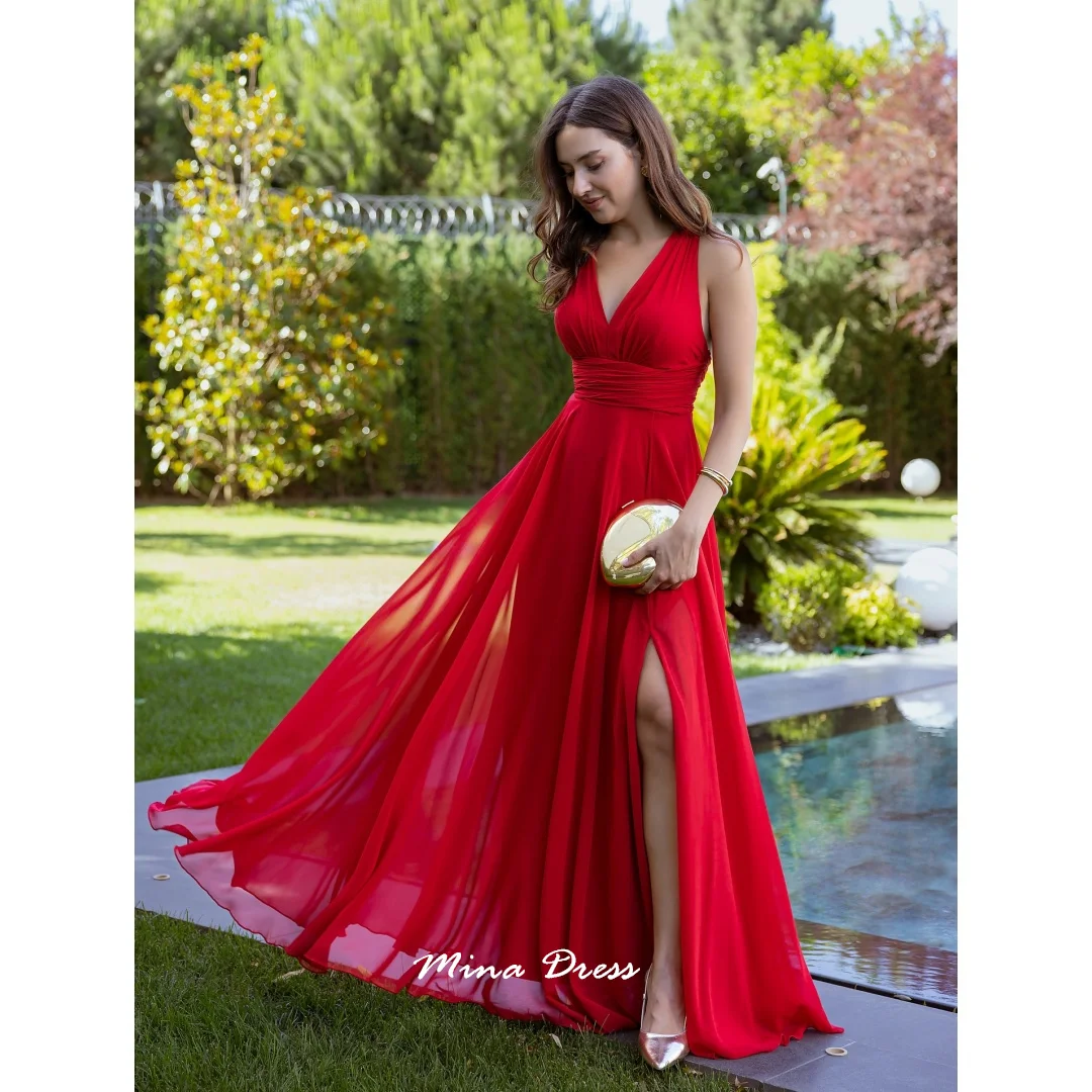 

Элегантное вечернее платье Mina красного цвета на заказ для женщин, роскошное женское платье для вечеринок, женское платье с V-образным вырезом без рукавов с разрезом, роскошное выпускное платье
