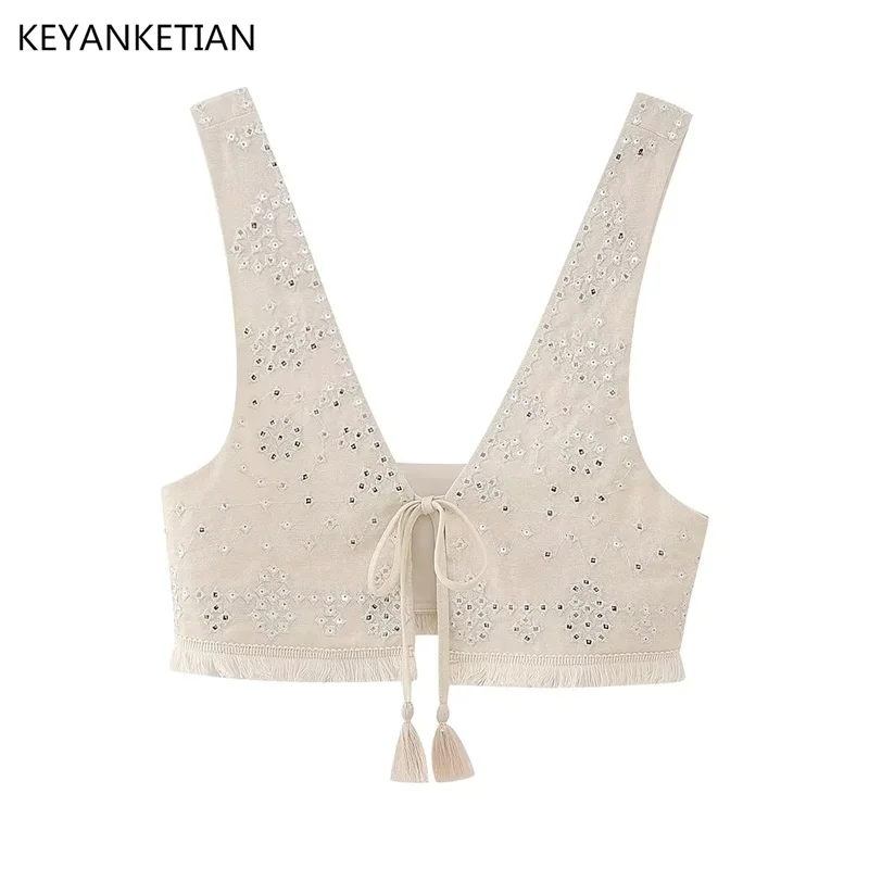 KEYANKETIAN New Beaded Piece Embroidery Tassel Ornament Short Style Lace-up Vest Women Ethnic Wind Sleeveless Top Beige