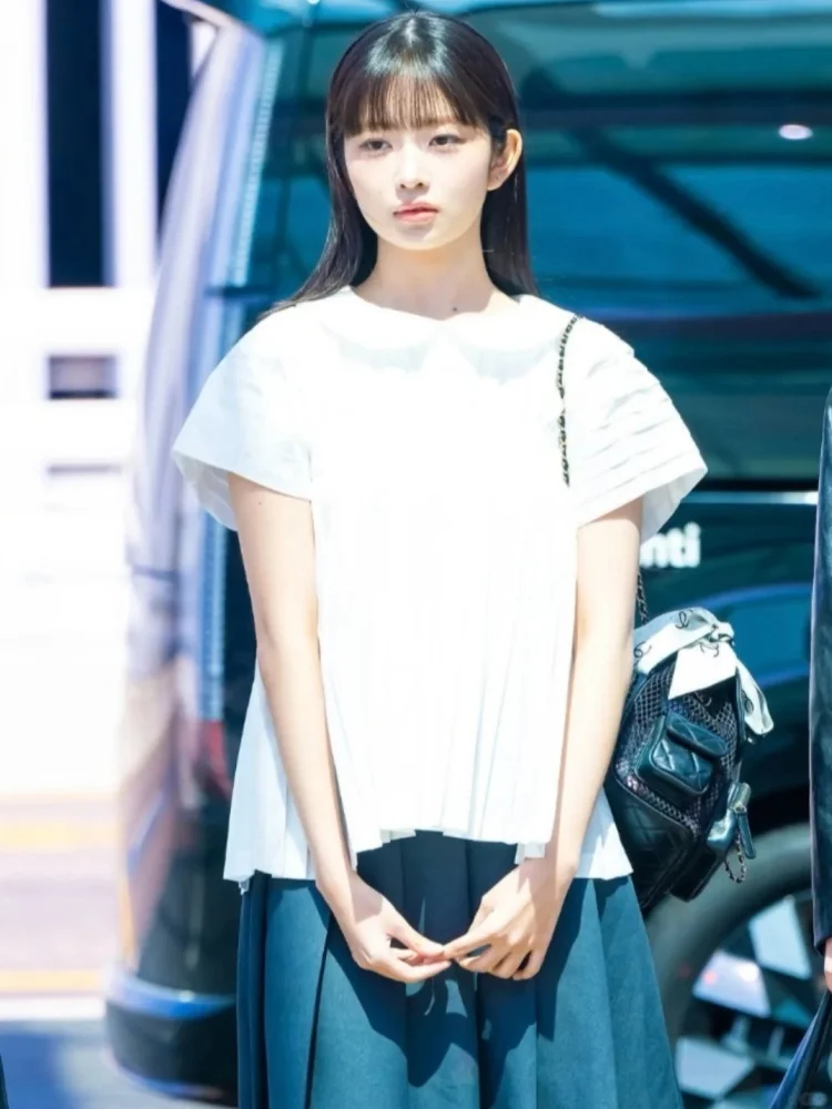 

Белая футболка с коротким рукавом и воротником-стойкой и полуюбка, комплект из двух предметов, женская летняя модная одежда в студенческом стиле