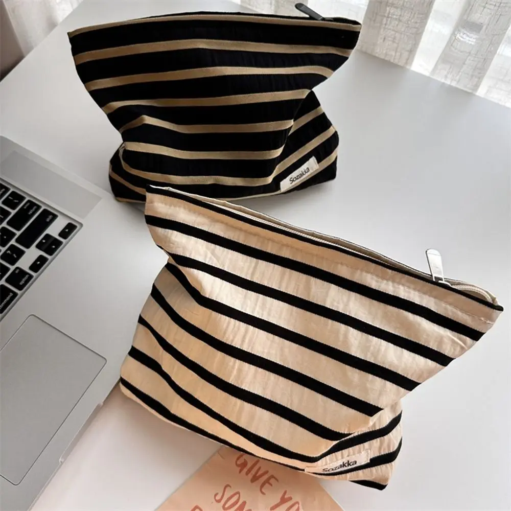 

Casual Canvas Stripe Makeup Bag Toiletry Organizer Large Capacity Cosmetic Bag Lipstick Bag Storage Bag Girls