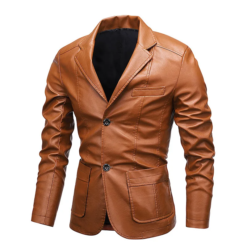 

Slim Fit Real Leather Jaet Men's Brown Coat with Two Buttons Autumn Casual Faion Leather Coat for plus Size