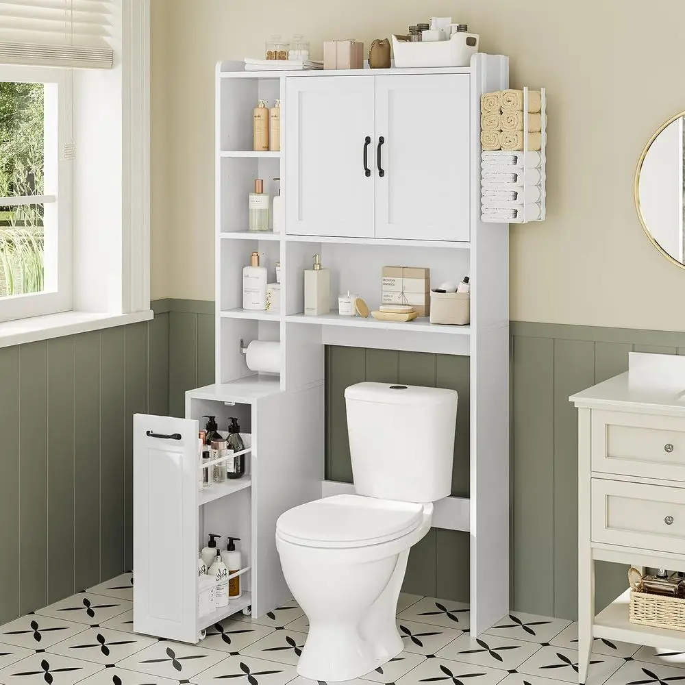 Over The Toilet Storage Cabinet with Pulley Bathroom Storage Cabinet, White-Type B
