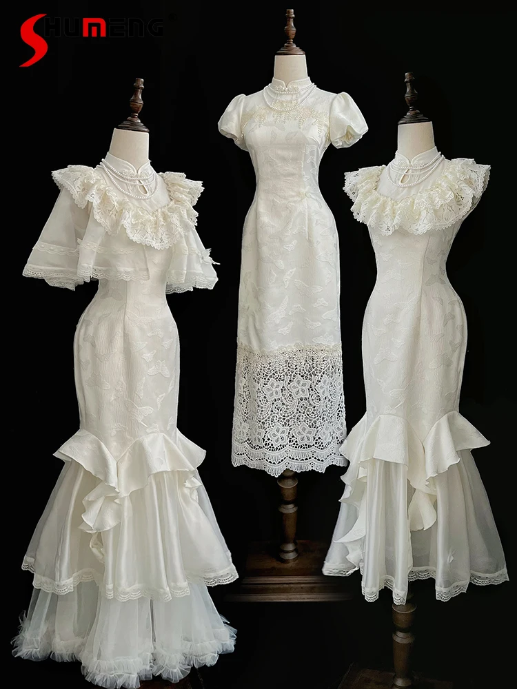 

French Elegant Vintage Lolita Style Fishtail Dress Summer 2025 Chinese Style Women's Slim-Fit Lace Long Dresses Cheongsam Dress