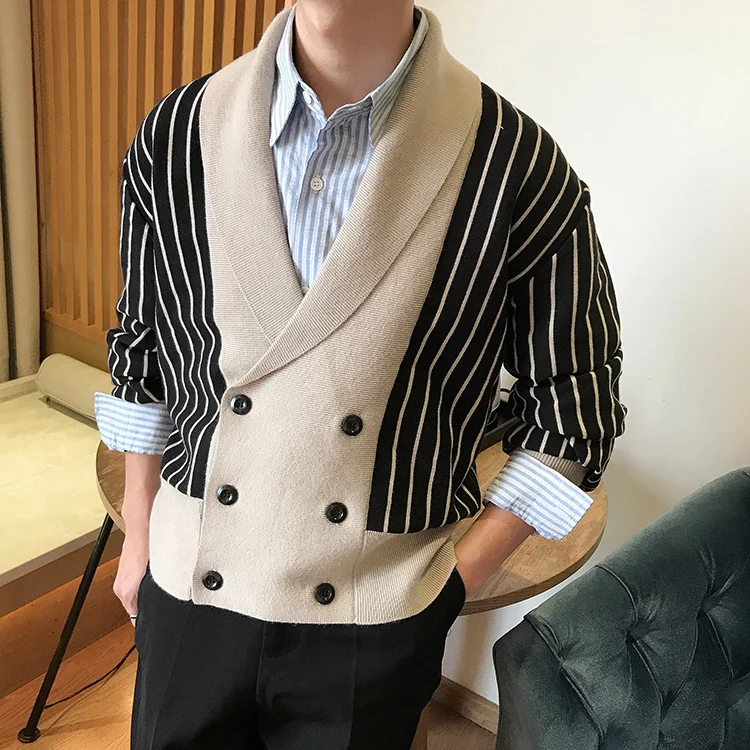 Double Autumn British Stripe Breasted Coat Men Personalized Slim Lapel Sweater Cardigan Trend Los Hombres Abrigos Heren Vesten