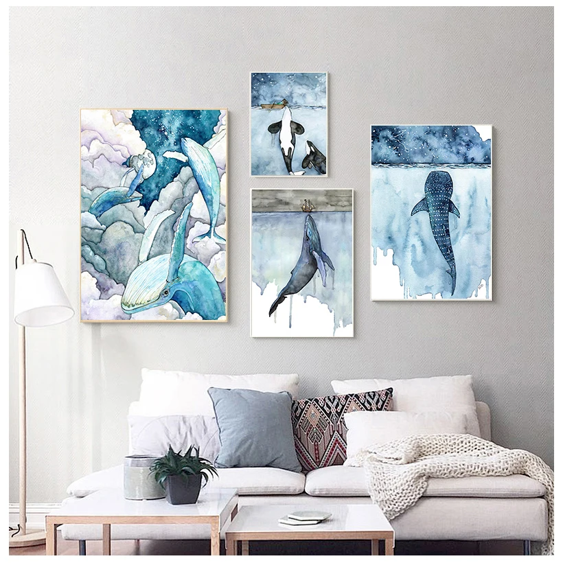 Whale Shark Ship Abstract Landscape Wall Art Canvas Painting Nordic Posters And Prints Wall Pictures For Living Room Home Decor
