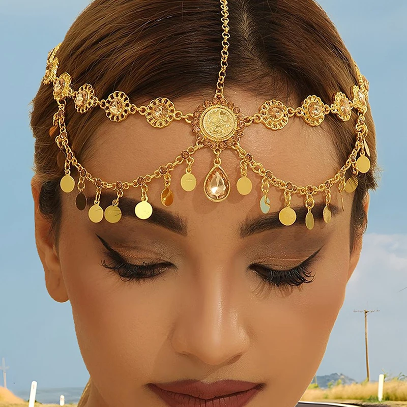 سلسلة رأس هندية للنساء عملات ذهبية اللون عربية شرابة الزفاف حجر الراين غطاء الرأس اكسسوارات الزفاف