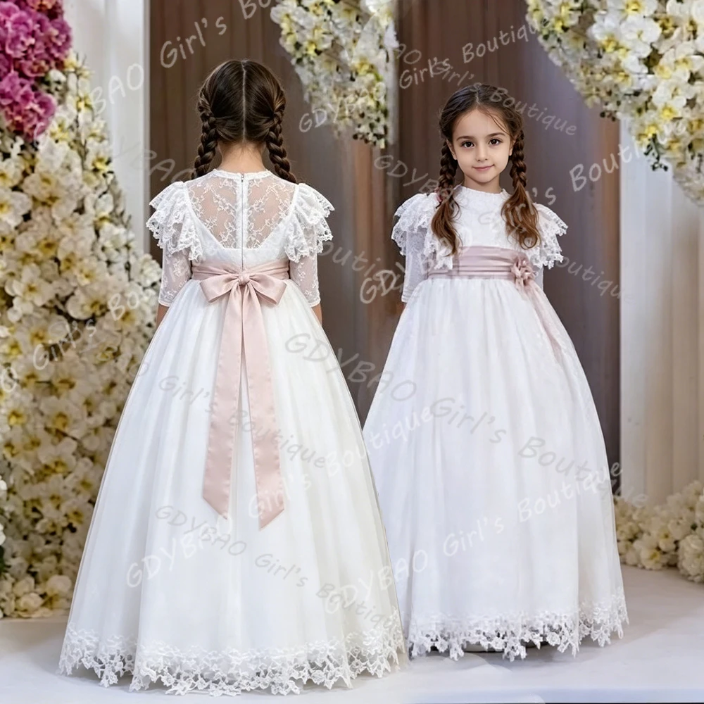 Elegram Holy First Communion Gowsn White Tulle A-line with Lace Flower Girl Dress for Kids Wedding Birthday Party Evening Ball