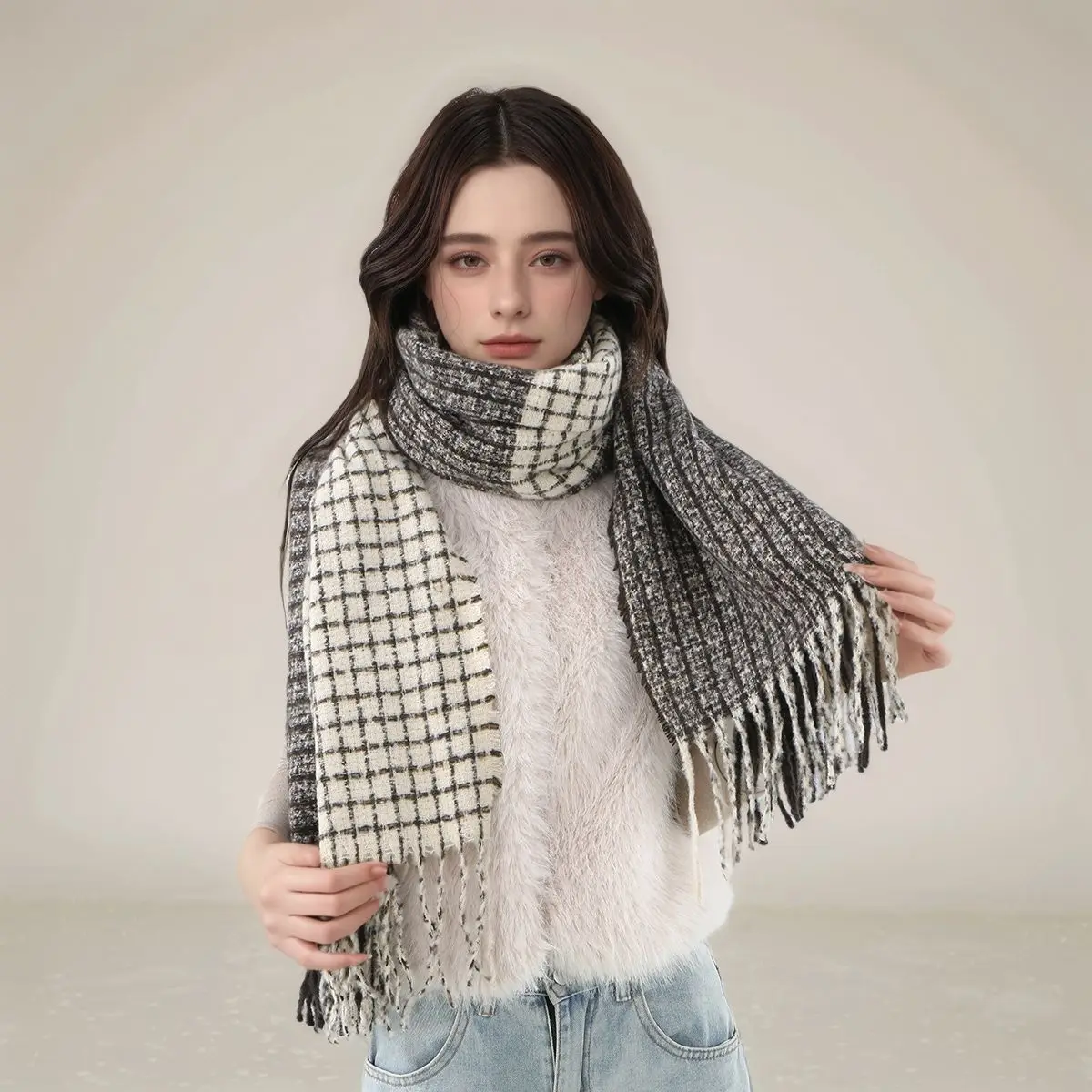 

Модный зимний теплый кашемировый шарф, шаль в корейском стиле, клетчатая шея, мягкая универсальная элегантная женская шаль с кисточками, 65*180 см