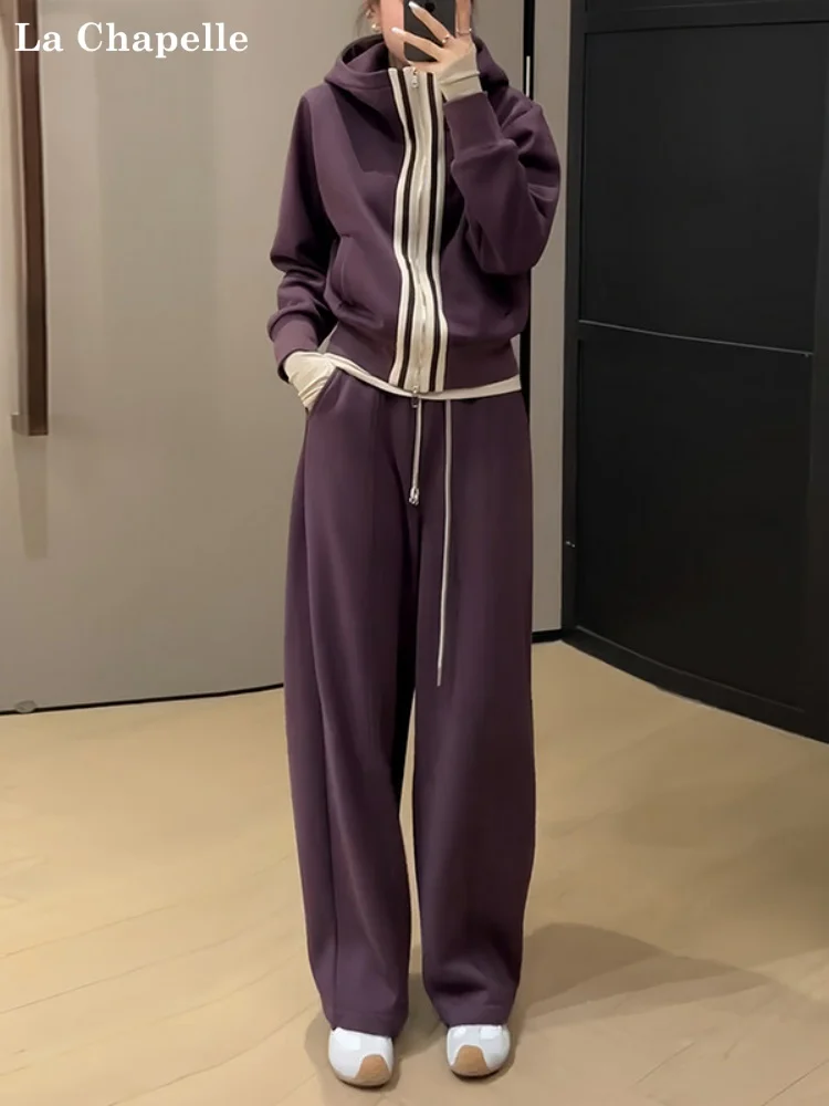 

La Chapelle Purple Fce Lined Hoodie And Pants Women's Casual Sportswear Set Two Piece Suite Autumn Winter New Arrival