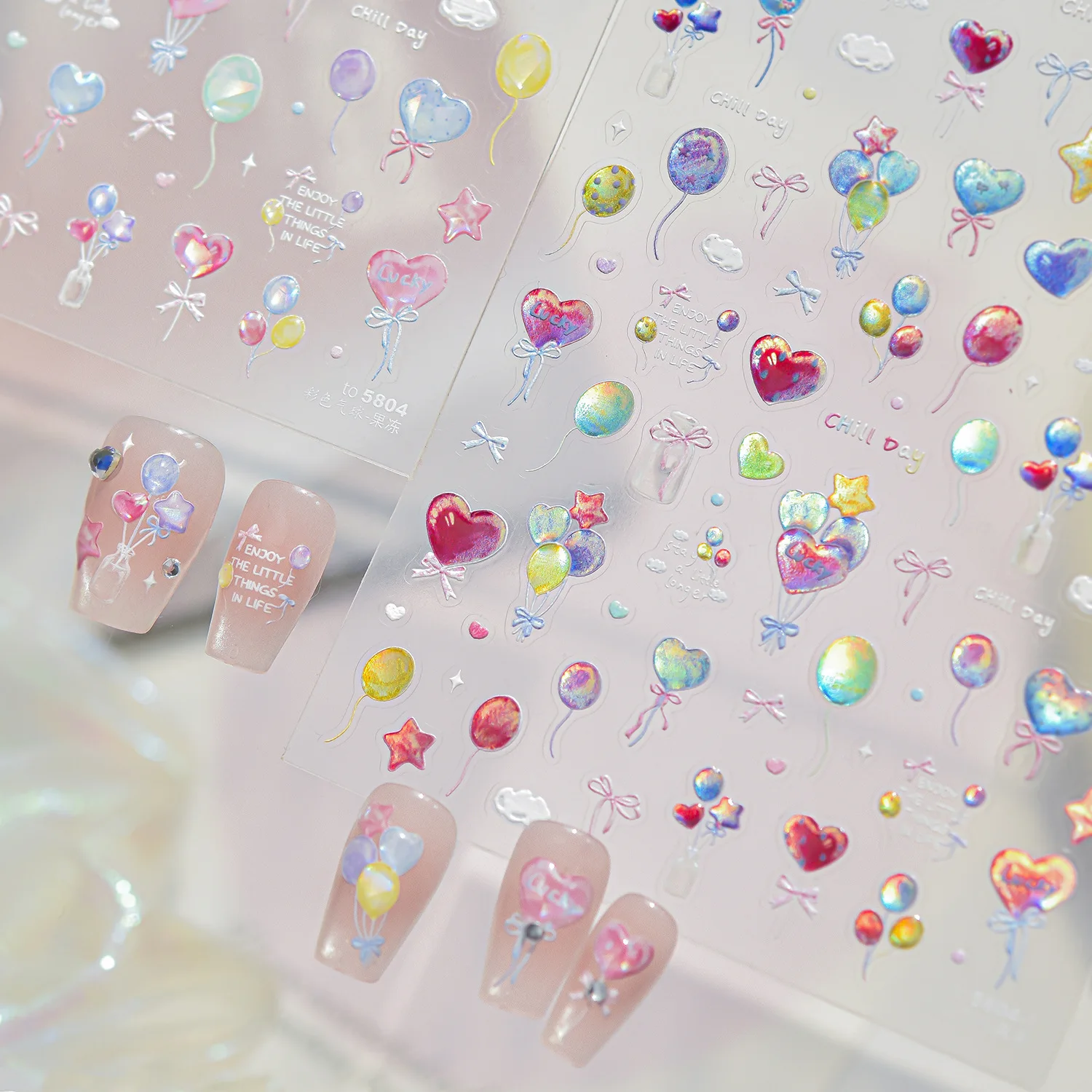 5D Holographic Dreamy Nail Stickers Color Balloon Bow Drift Bottle Star Cloud Heart Lucky Lovely Self-adhesive Nail Art Decals