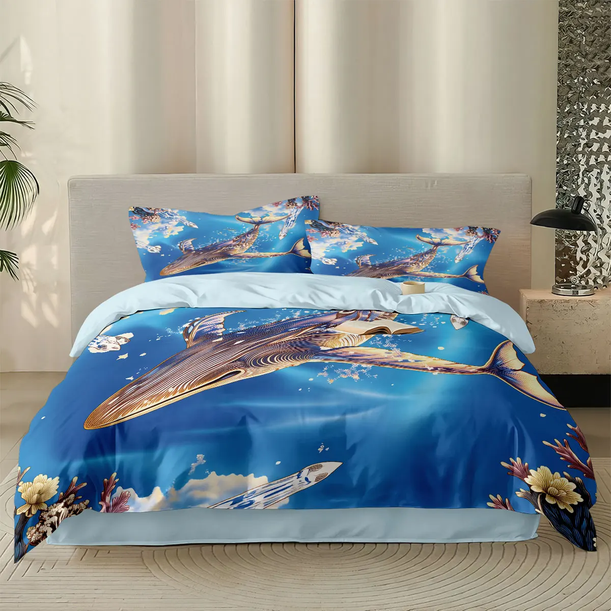 3pcs Shark Animal Print Coreless Duvet Set In Multiple Sizes, Comfortable Bedroom Bedding Decoration, Machine Washable