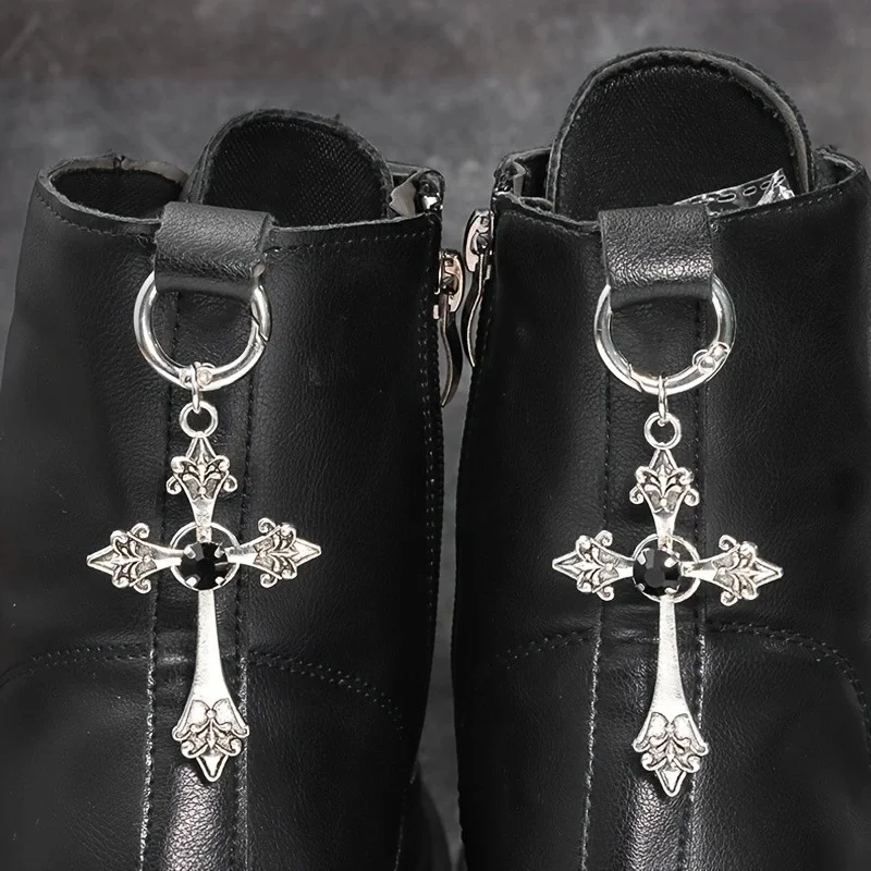 2Pcs Gothic Decoration cross O-ring black imitation crystal shoe pendant detachable accessory, suitable for all kinds of boots