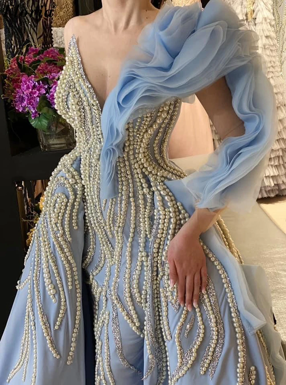 Luxury Pearls Evening Dresses With Detachable Train One Shoulder Mermaid Celebrity Dresses Awards Ceremony Dress Robes De Soirée