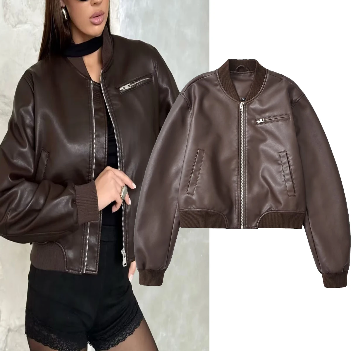 おしゃれなラウンドネックジッパー付きジャケット レディース PUレザーコート 多用途スタイル 通勤 防風 長袖 ショート丈 ジッパー開閉