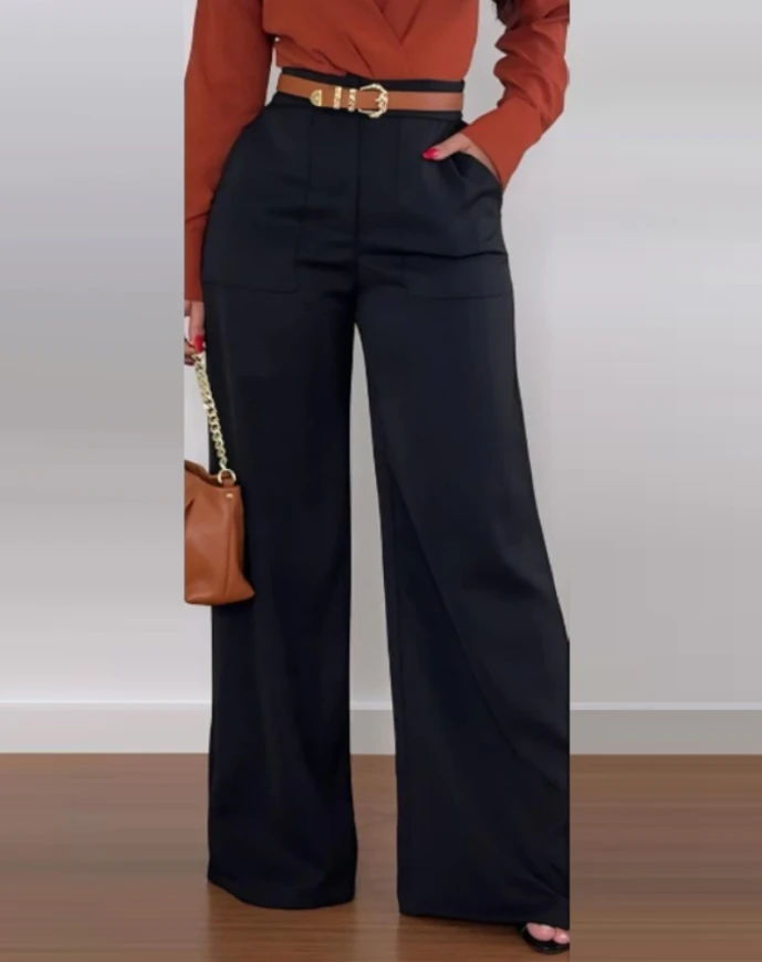 Urban FjOffice-Pantalon Droit à Jambes Larges pour Femme, Vêtement de Couleur Unie, avec Poches, Taille Haute