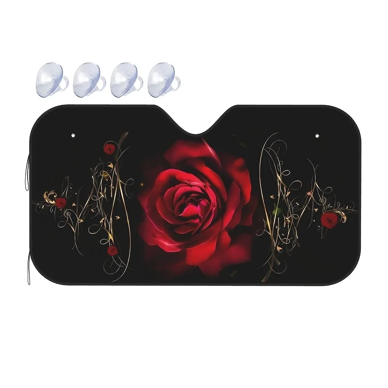 

1pc Red Rose Car Windshield Sunshade With Golden Accents - Fit Polyester Windshield Cover For Sun Protection, Stylish Auto Inter