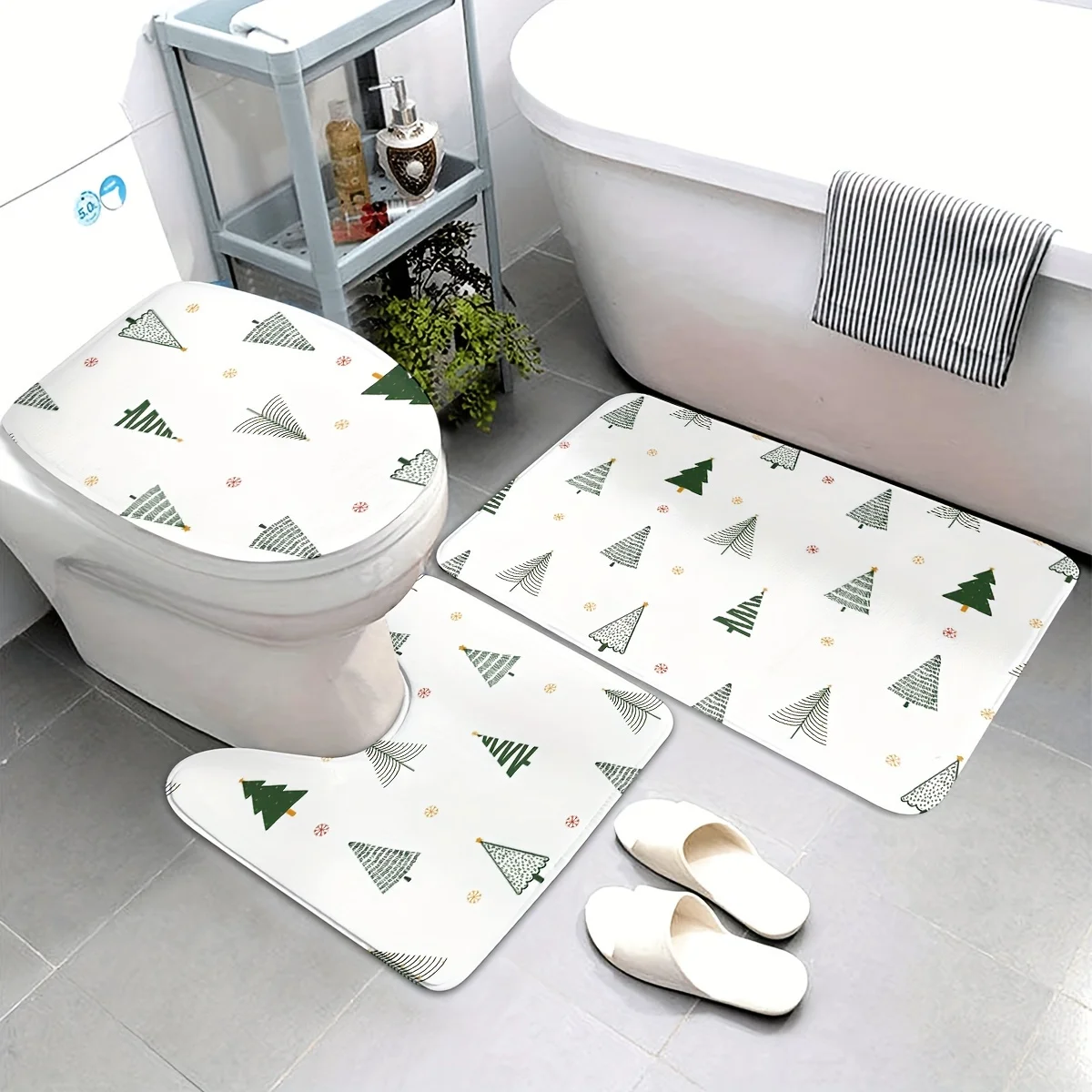 

3pcs Christmas Tree Bathroom Mat Set - Non-slip, Machine Washable Flannel Bathroom Mats - Includes Toilet Seat Cover Mat, Bathro