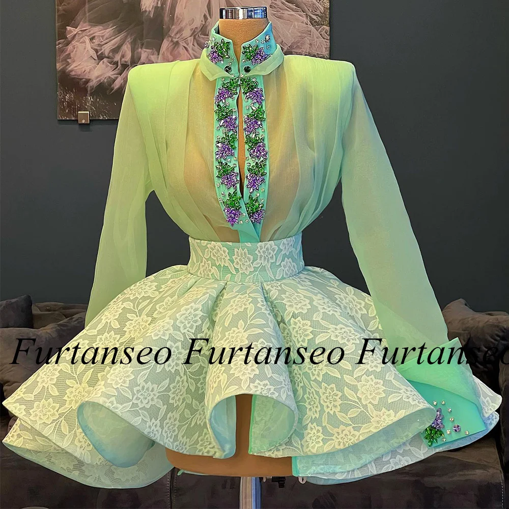 Mint Cocktail Dress Homecoming Gown Customized Long Sleeves Two Pieces Puffy Crystals Saudi Short Evening Party Dresses