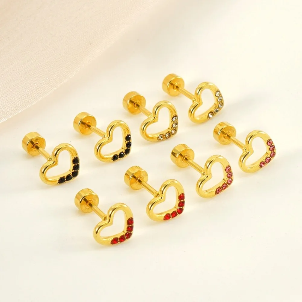 

Stainless Steel Heart Earrings Zircon Inlaid Hollow Heart Studs Screw Back Titanium Earrings Non-tarnish Piercing Jewelry