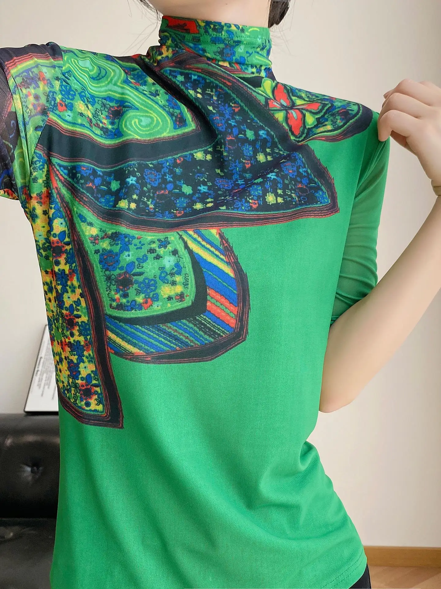 

High Collar Me Printed T-irt Women's Autumn Winter Slim Fit Base irt Medium Sve Lace Top Korean Sle Commute Wind