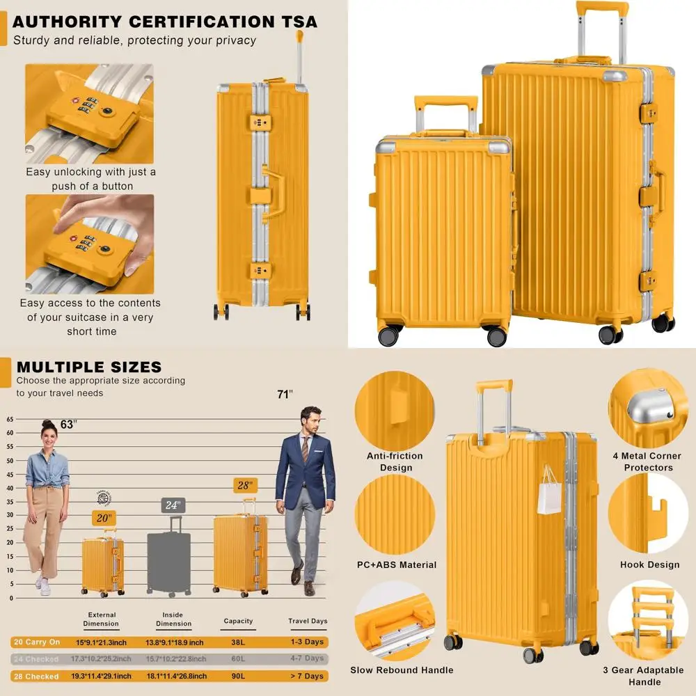 مجموعة أمتعة بإطار من الألومنيوم مكونة من قطعتين: حقيبة حمل ومربعة مع غلاف صلب من مادة ABS PC، قفل TSA، برتقالي (20/28) #1