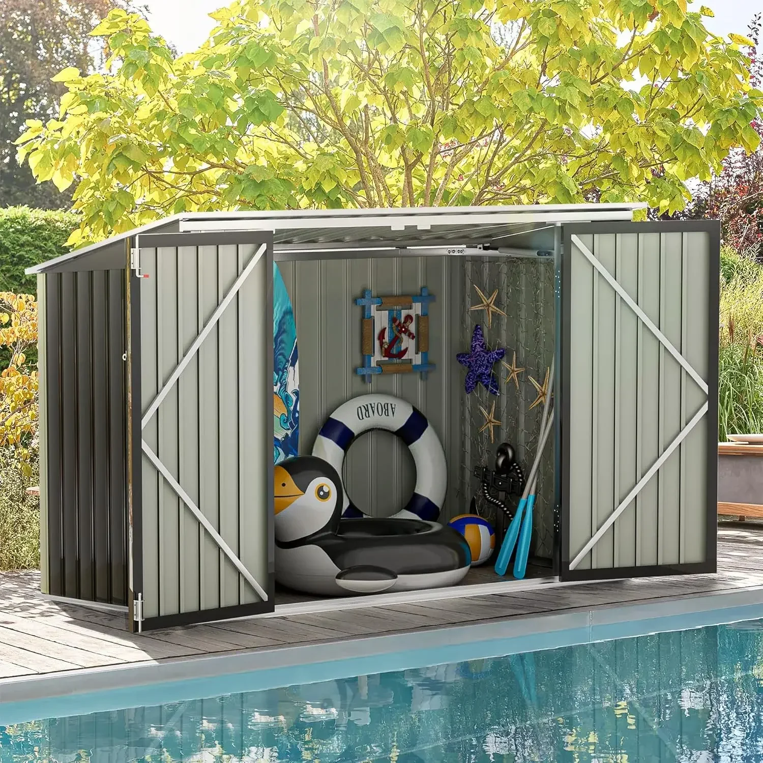 # Para cobertizo de almacenamiento horizontal para piscina, contenedores de almacenamiento para piscina de 5,8x3,3 pies, contenedor impermeable para exteriores, accesorios para juguetes de piscina, herramientas y