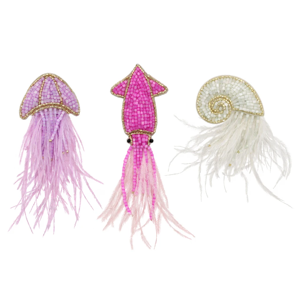 Beaded Applique Squid Sea Animal Patches Beaded Fur Snail, Jellyfish, Cuttlefish Patches Badges DIY Sewing Clothing 2pieces