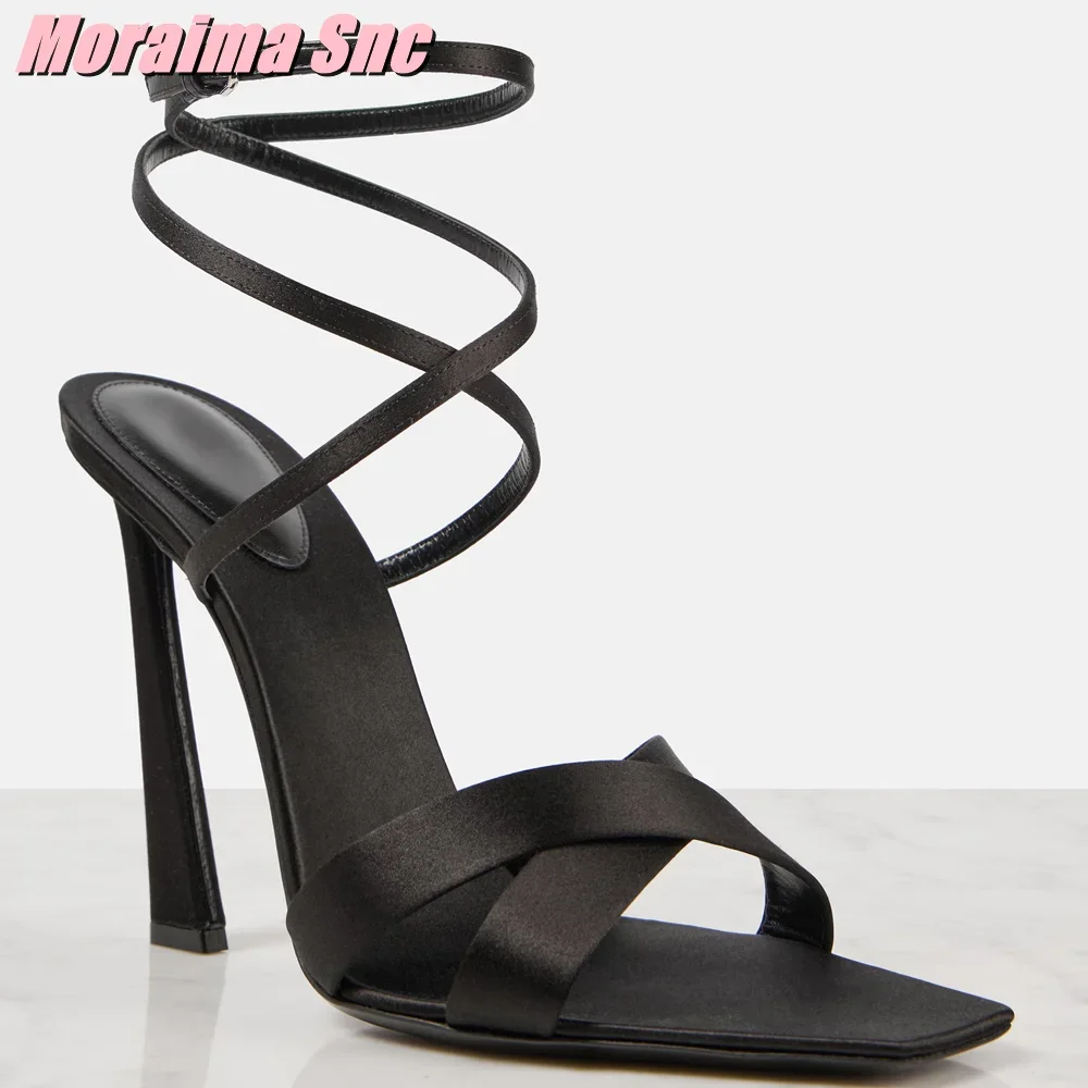 

Square Toe Cross Strap Satin Sandals Lace-up Stiletto High Heel Black Sexy Fashion Women's Dress Shoes Summer Banquet 2025 New