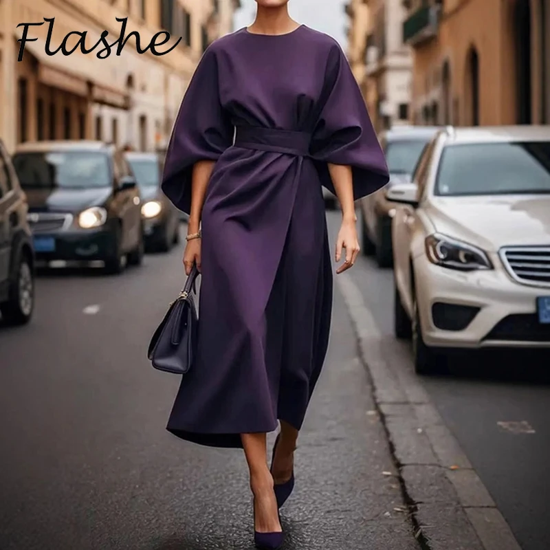 

Women Elegant Party Dress O Neck Solid Bat Sleeve A-Line Long Dress Women Spring Summer High Waist Lady Office Dress