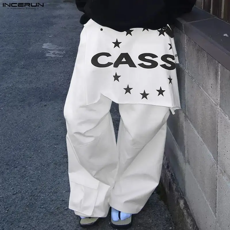 INCERUN الرجال السراويل الطباعة المرقعة زر ركض السراويل الرجال الشارع الشهير فضفاض موضة عادية الذكور السراويل الطويلة شخصية
