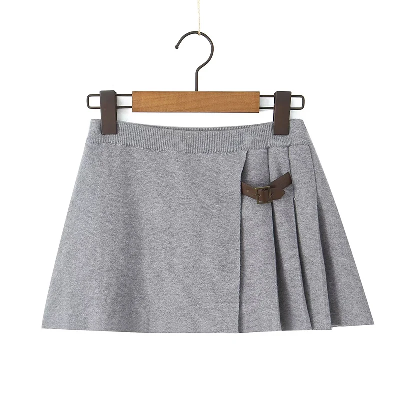 YENKYE Cool Girl American Retro Low Waist Knit Mini Skirt Women Belt Decoration Pleated Patchwork A-line Autumn Skirts Y2K Jupe