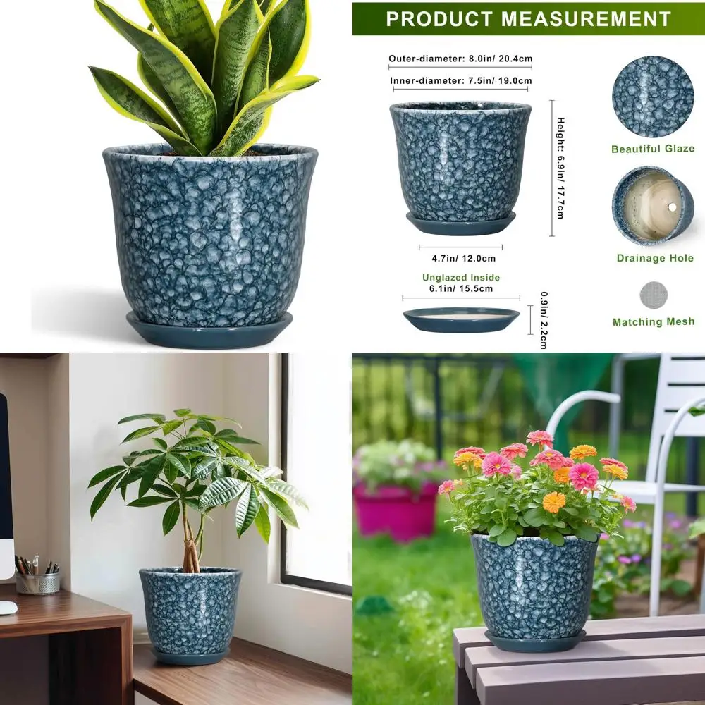 

8 Inch Round Plant Pot - Outdoor and Indoor, Drainage Hole with Saucer, Decorative Planter for Home and Garden, Blue